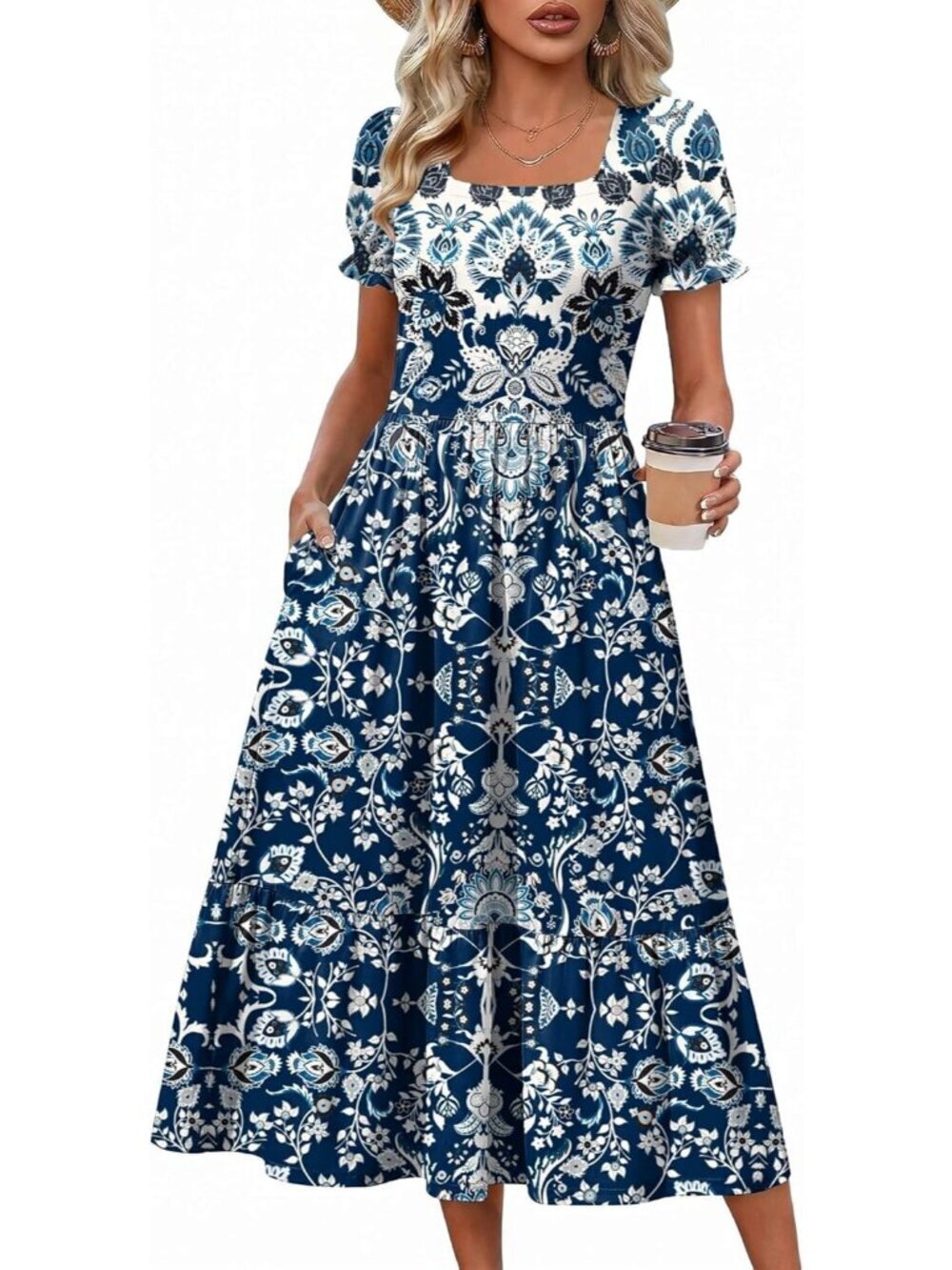 Zeagoo Women's Zink Floral Flowy Casual Short Sleeve Tiered Midi Maxi Dress